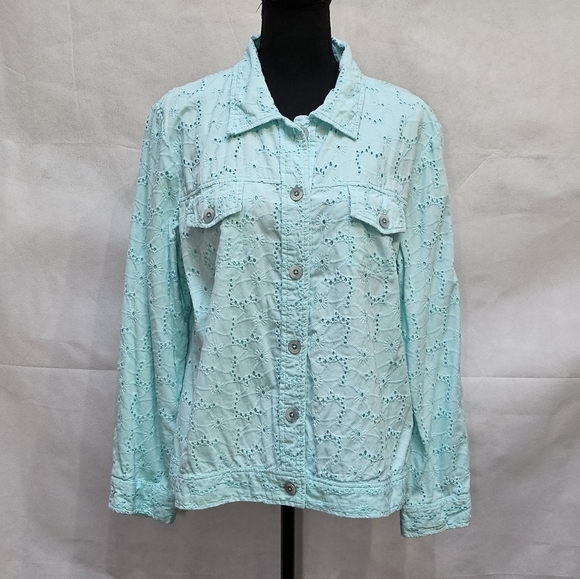 Appleseed's Petite Light Teal Eyelet Button Up 100% Cotton Jacket Sz PXL - Picture 1 of 7